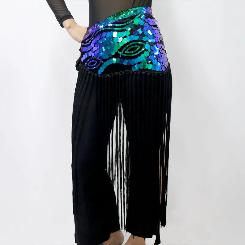 Women Belly Dance Sequins Hip Scarf with Dangling Tassel Belly Dancer Waist Chain Skirts Wrap Stage Costumes