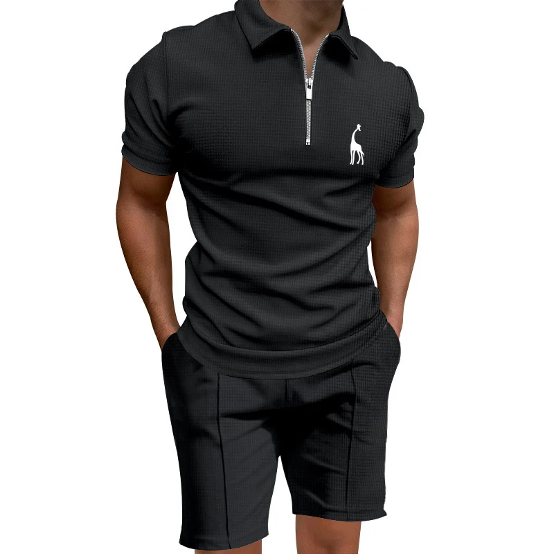

Summer polo shirt set short-sleeved slim-fit lapel casual men's 2 Piece Sets Short Sleeve Stand-up Collar Zipper Golf Polo Shirt