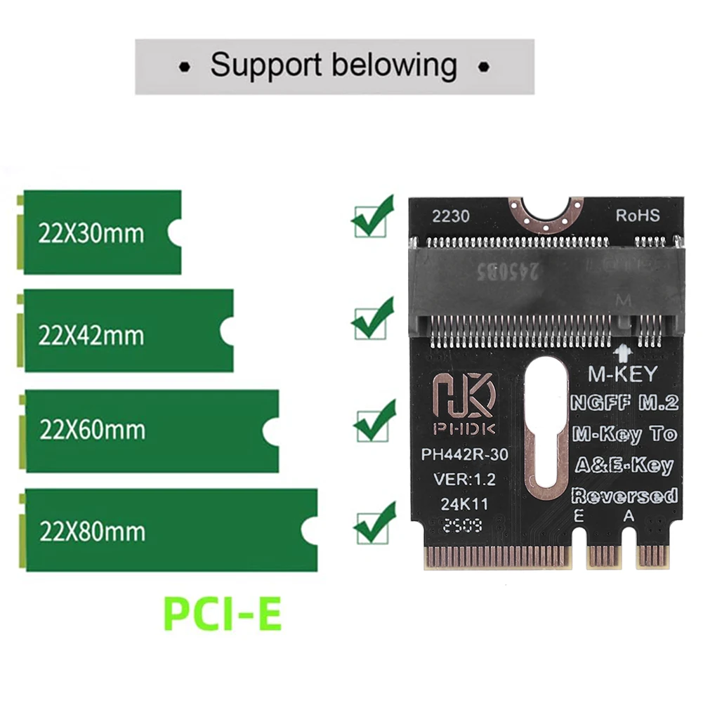M.2 A + E para NVME SSD Adaptador M2 WIFI Interface A/E Chave para M Key PCIE 4.0 Riser Card com Suporte para 2230 2242 2260 2280 NVME SSD