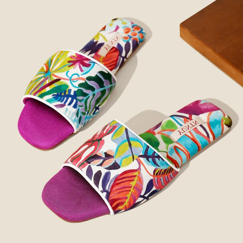 

Bohemian-style Plant-printed Design Flat Slippers Women Summer Open-toe Shallow Home Slippers Light Non-slip Comfort Women Shoes