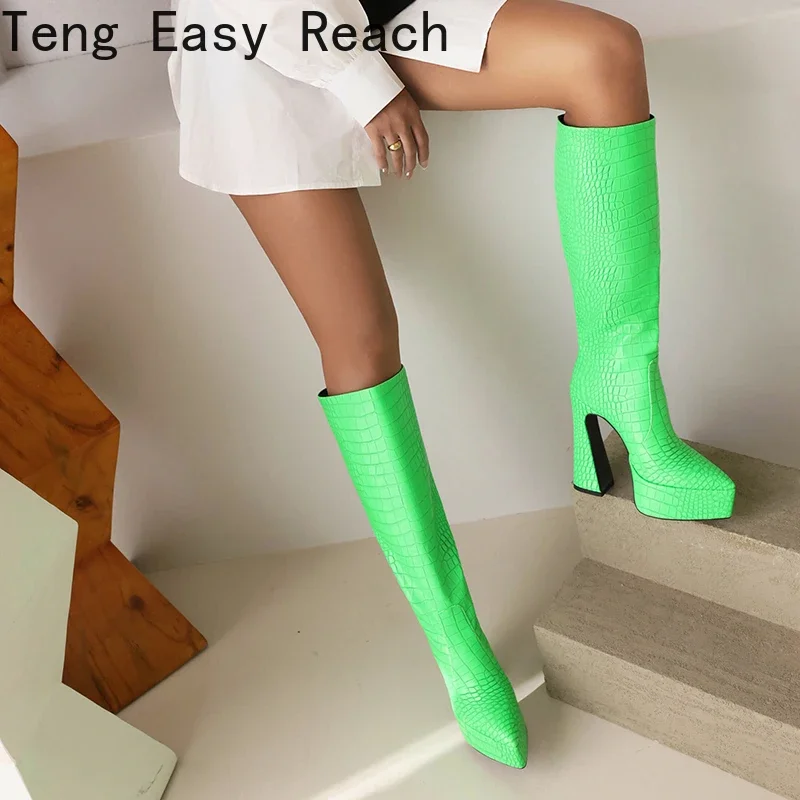 2025 Plus Size Pointed Toe Ultra-High Profile Women's Knee High Boots Stone Stripe Slip on Modern Boots Platform Boots