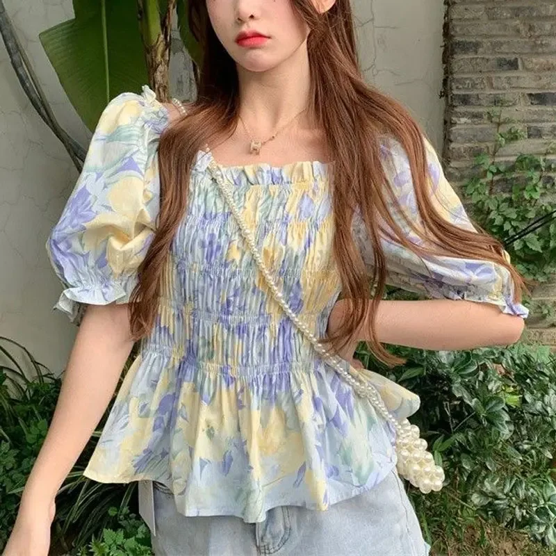 

Female Clothing Broken Flowers Blouse French Style Puff Sleeve Summer New Sweet Slash Neck Stylish Shirring Slim Vintage Shirts