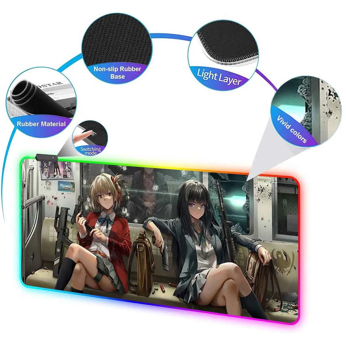 Anime Lycoris Recoil Non-slip Mouse Pad LED Backlit Nishikigi Chisato Large RGB Mouse Pad Overwatched Table Gaming Keyboard Mat