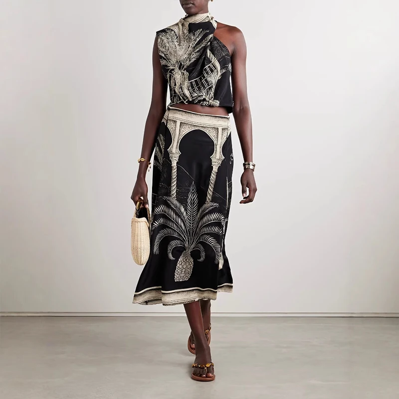 

2025 Summer Tropical Plant Print Vintage 2 Piece Set Elegant Satin Vacation Outfit Casual Sleeveless Vest Top & Half Skirts Suit