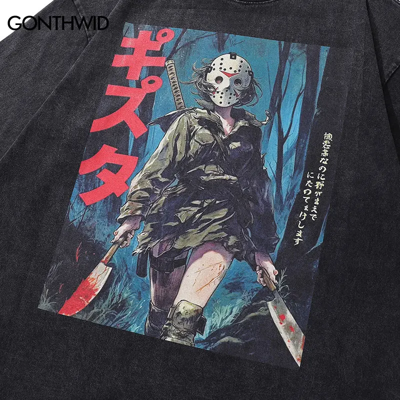 Vintage T-Shirt Japanese Anime Cartoon Girl Graphic Print Black Oversized Tshirt Harajuku Loose Washed 2024 Hip Hop Cotton Tops