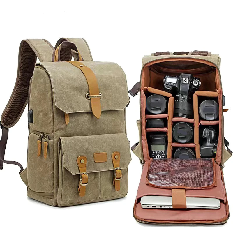 Kameratasche, wasserdichter Retro-Batik-Canvas-Rucksack mit USB-Anschluss, geeignet für 16-Zoll-Laptops, Herren-Kameratasche, Outdoor-Reisetasche.