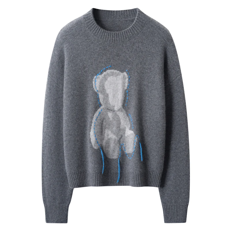 

Женский свитер из чистого кашемира с круглым вырезом, вязаный, с узором в виде медведя, с высоким воротом, длинными рукавами, теплый, осенне-зимний, новинка