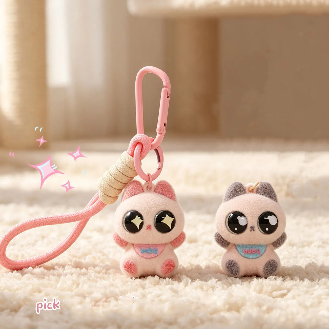 Cute Cartoon Flocked Cat Keychain, Mini Pet Charm, Flocked Kitty Bag Pendant, Small Gift Accessory