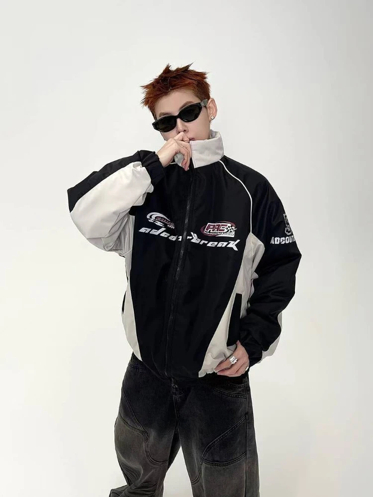 Men Winter Retro Racing Jacket Women Vintage Color Block Padded Moto Coat Stand Collar Thickened Loose-fit Windproof Outerwear