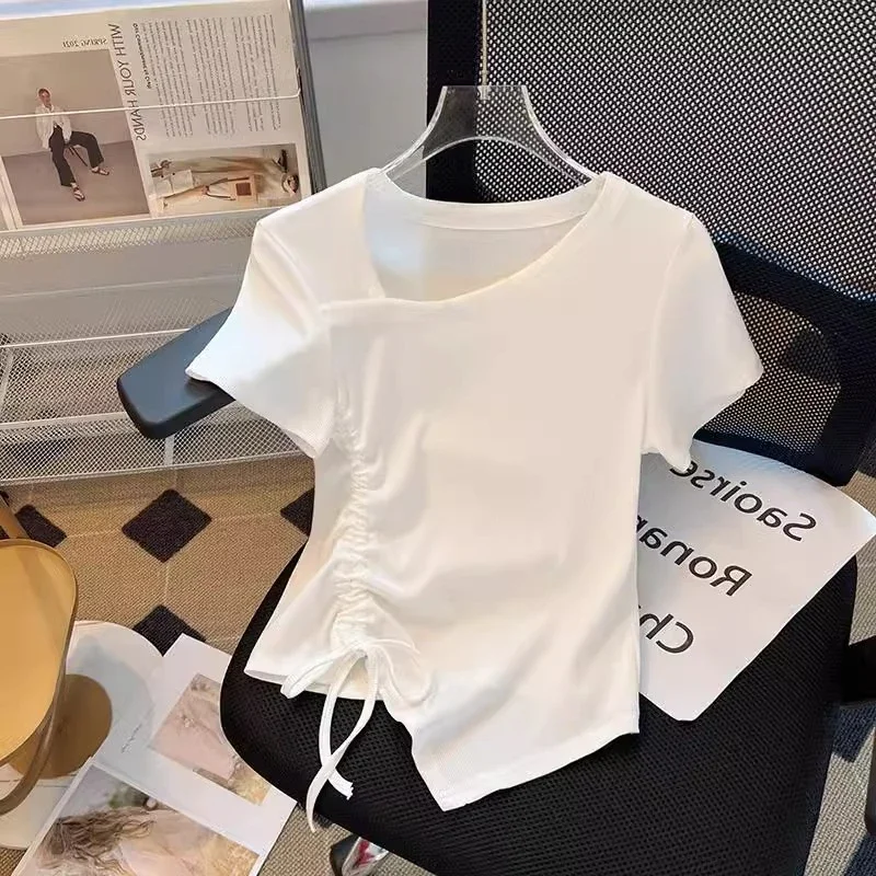 

White Round Neck Short Sleeve T-Shirt With Side Tie Detail Casual Slim Fit Women's Top Summer Wear Office Style