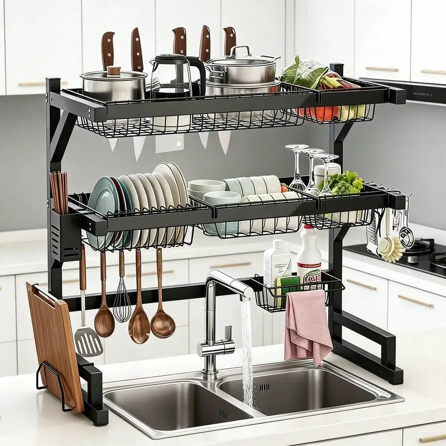 2-Tier Kitchen Over Sink Dish Rack, Heavy Duty Dish Storage Shelf With Multi Baskets And Hooks For Small Apartment Kitchen Count - view 2