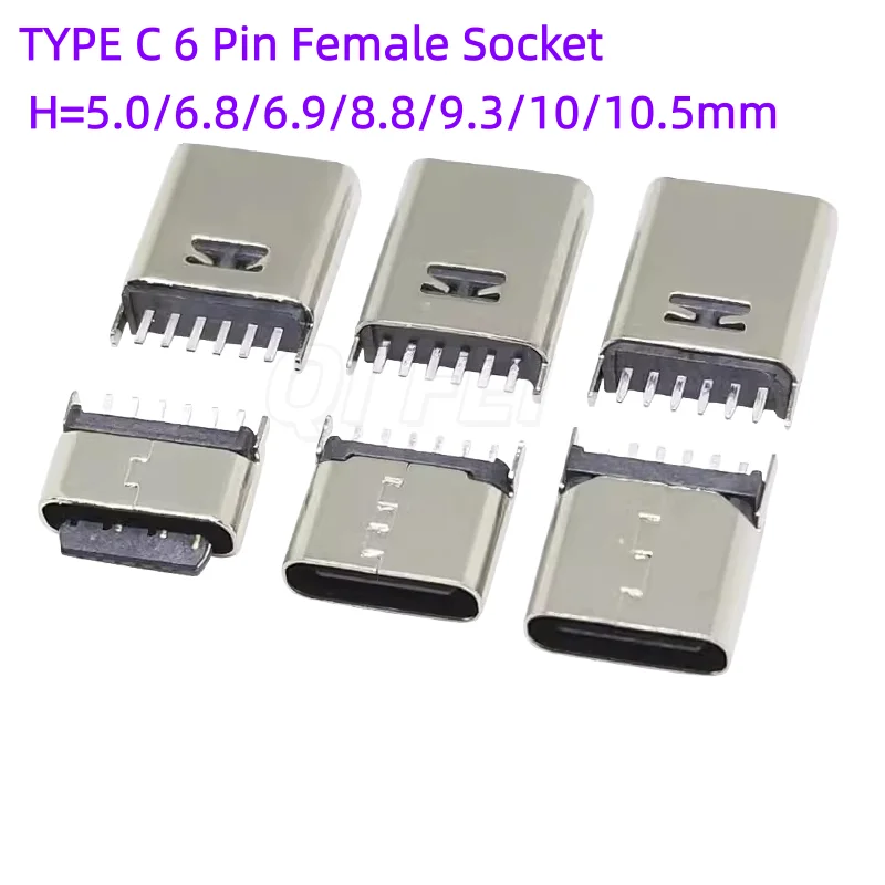 20pcs TYPE C 6 Pin Female Socket Connector DIP Vertical 180° Charging Port Plug Socket USB 6P TYPE-C H=6.8/6.9/8.8/9.3/10/10.5mm