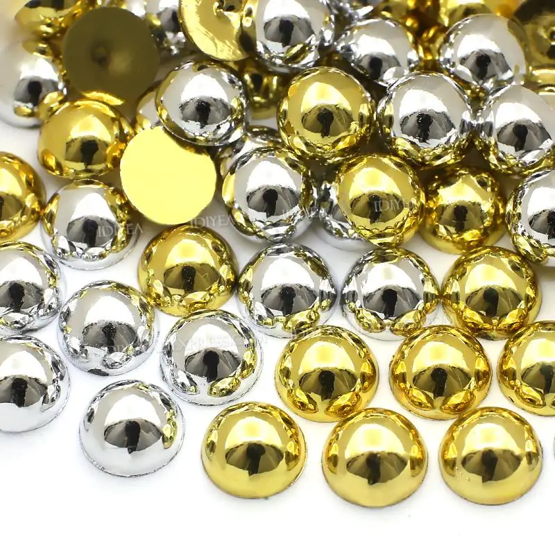 Shiny Gold Silver Mix Sizes 2mm-10mm Half Round Beads Imitation Pearl ABS Resin Flat Back Glitters For DIY Nail Craft Decoration