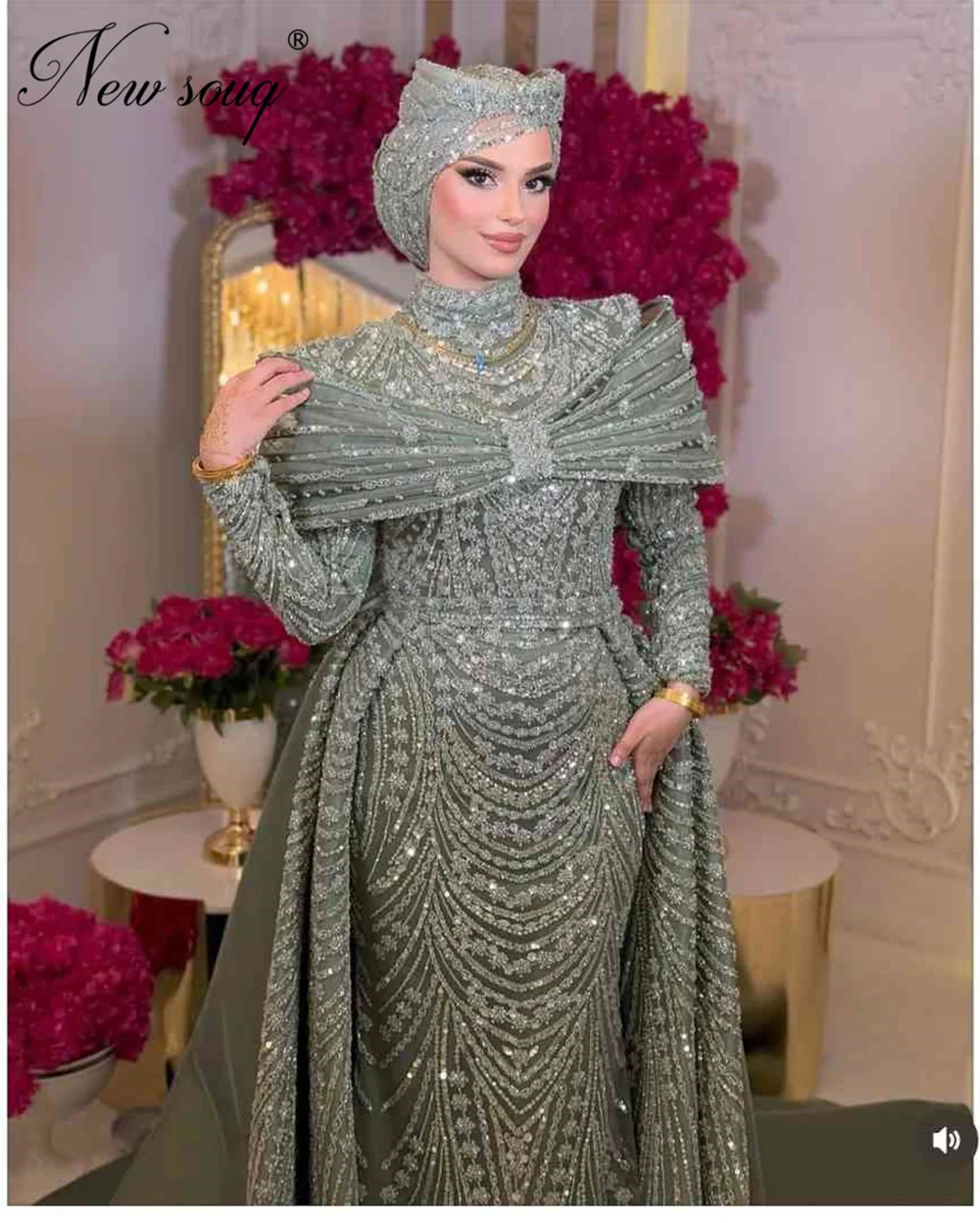 Árabe muçulmano mangas compridas vestidos de noite com saia destacável luxo sage verde miçangas vestidos de festa de casamento personalizado baile