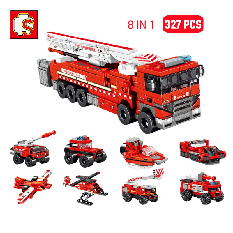 SEMBO 8IN1 High Jet Rescue Fire Truck Building Blocks Kits MOC Firefighting Vehicles Aircraft DIY Bricks Toys For Children Gifts