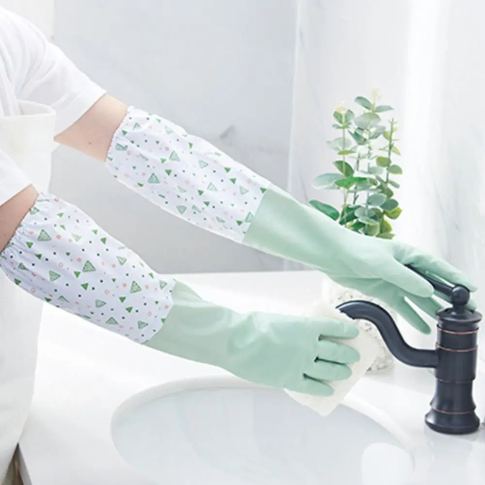 Velvet Rubber Dish Washing Gloves Waterproof Elastic Cuffs Housework Gloves Latex Long Sleeve Winter Cleaning Gloves