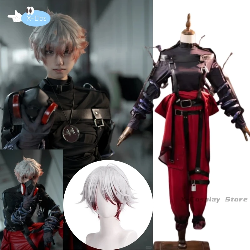 Identity V Emil Patient Rare Case Cosplay Costume Wig Mask Glasses Top Leather Belts Pants Lock White Red Hair Game Accessories