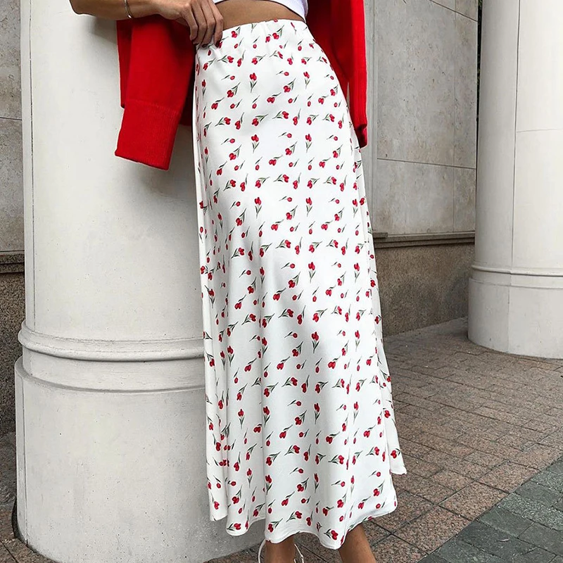 OMSJ New Style Cherry Printed Women Vintage Elegant White Dress A Line High Waisted Chic Female Midi Skirt Fashion Street Outfit