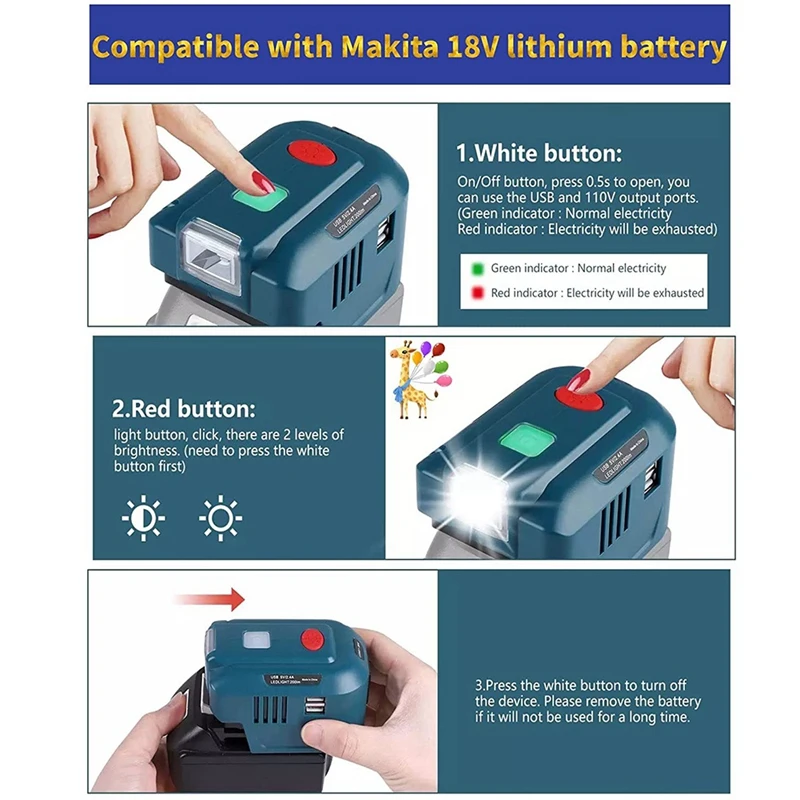 Makita-18Vリチウム電池インバーター発電機,ポータブル電源,LEDライト付きUSBアダプター,bl1830