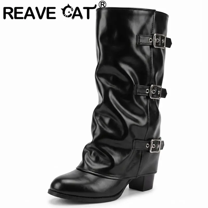 REAVE CAT Khaki Women Mid Calf Boots Round Toe 5.5cm Block Heel Slip On Belt Buckles Small Large Size 33 47 48 49 Leisure Botas