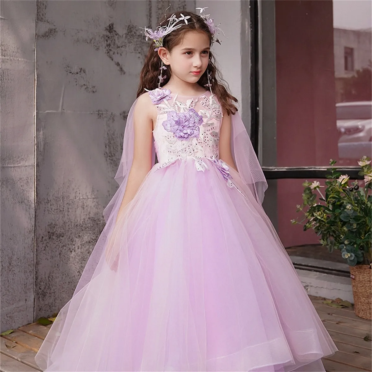 

Flower Girl Dress Purple Fluffy Tulle Sleeveless Applique Sparkle Wedding Flower Children First Communion Birthday Party Dress