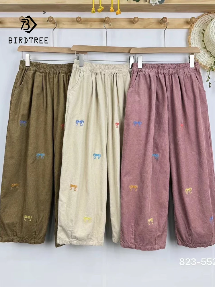 

New Summer Cotton Corduroy Straight Pants Women Elastic Waist Bow Embroidery Trousers Mori Girl Sweet Pants 2024 Fall B47480QC