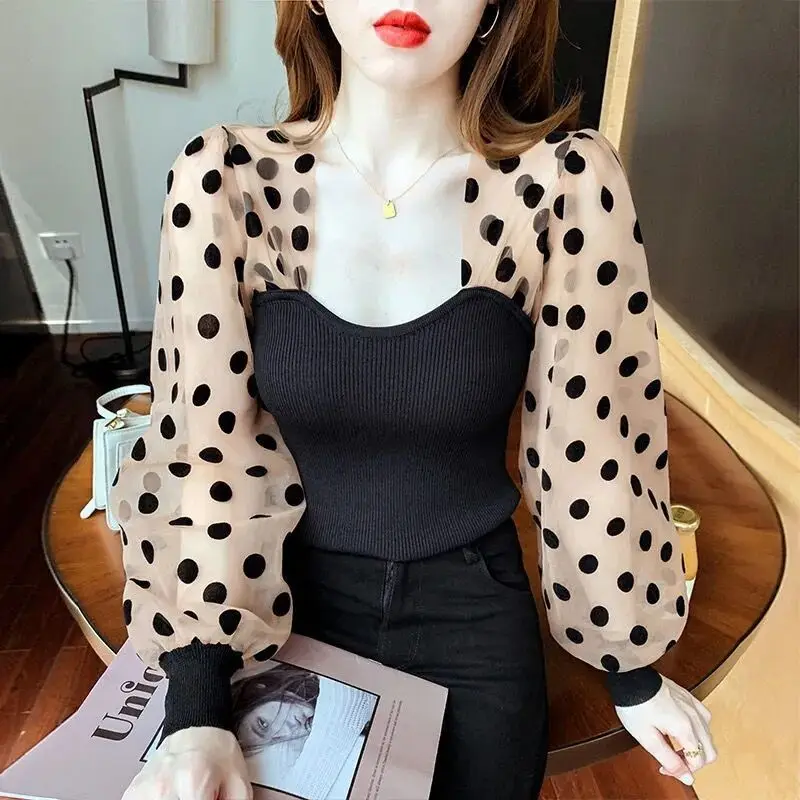 2023 French Style Long Sleeve T-shirt Spring Square Neck Lace Patchwork Polka Dot Puff Sleeve Pullovers Female Temperament Tops