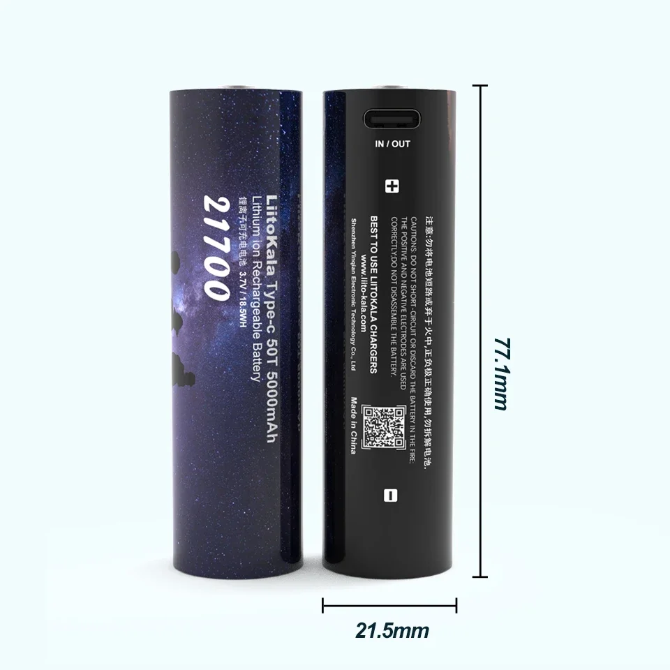 1-5PCS  Liitokala Type-C 50T 21700  100% Original Multi-function Lithium Battery 3.7V 5000mAh Type-C Input And Output 5V Output