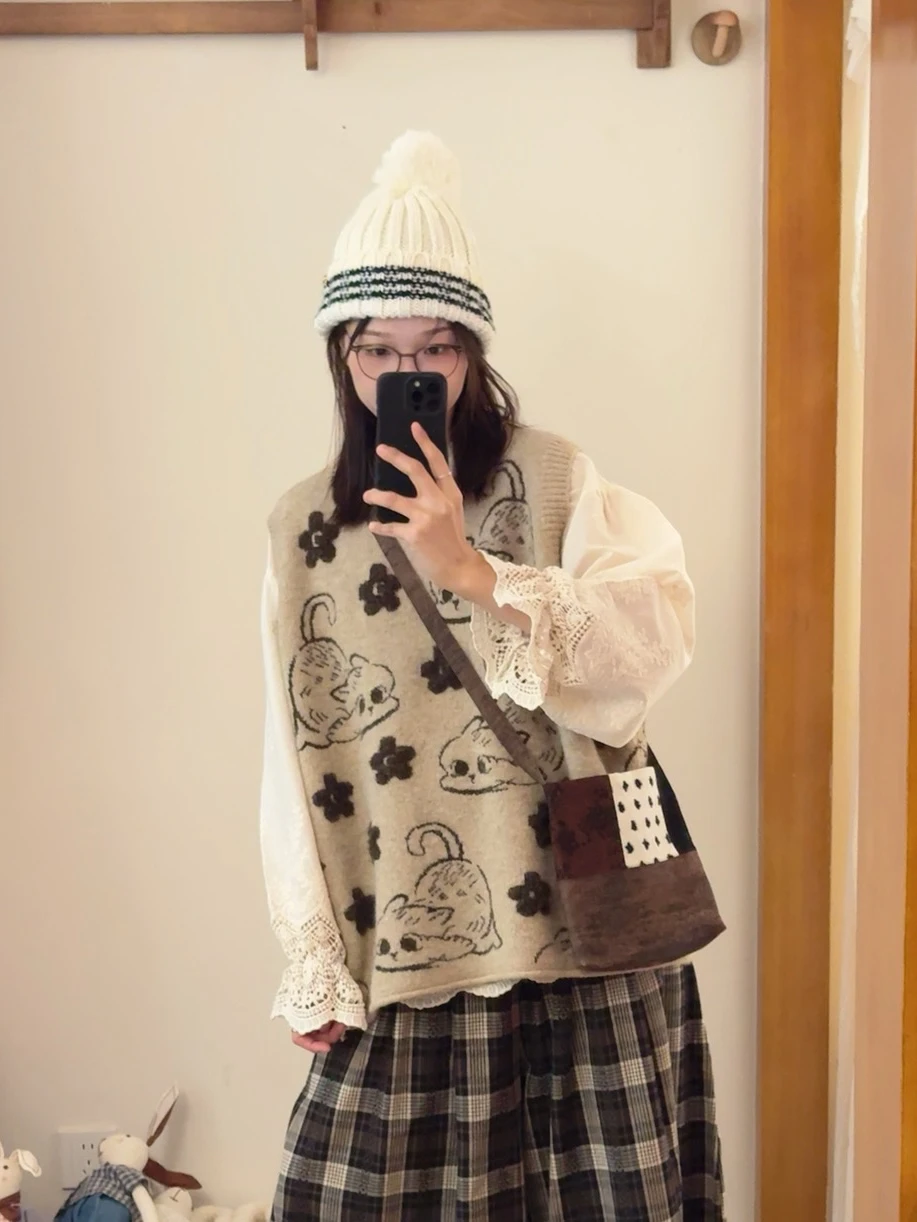 

Вязаный жилет RXRan Little Lazy с 3D цветочным узором, винтажный японский стиль, свободный крой, универсальный, милый топ без рукавов