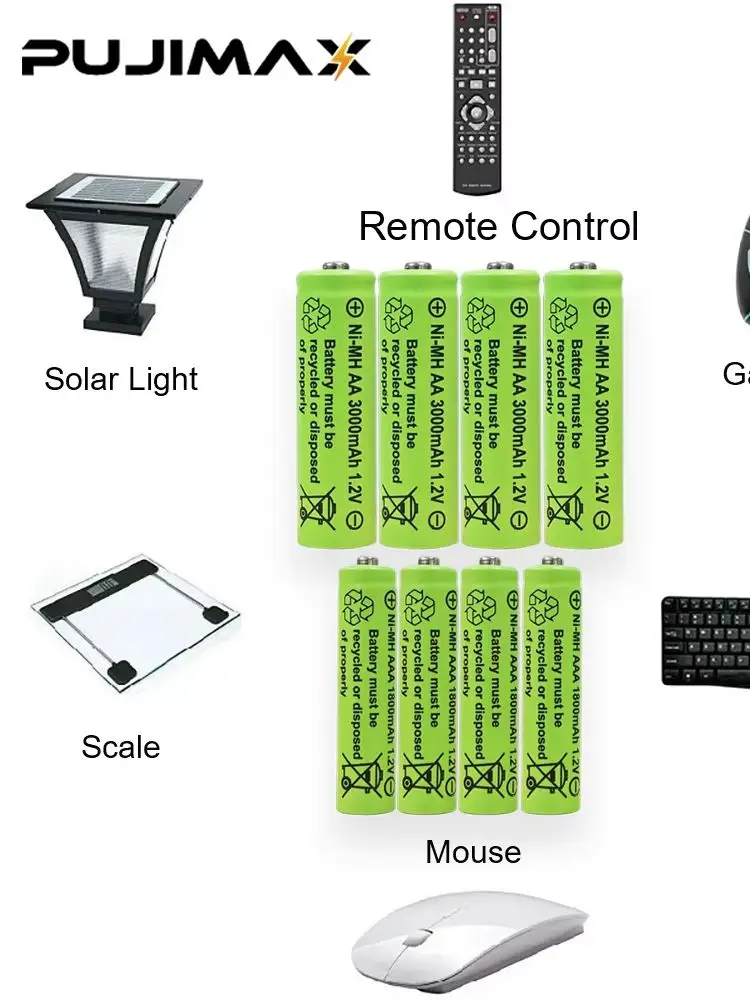 Akumulatory PUJIMAX 600mAh 1.2V AA, akumulatory 400mAh AAA NI-MH AA AAA do aparatu, zabawek, zegara, myszy — 2