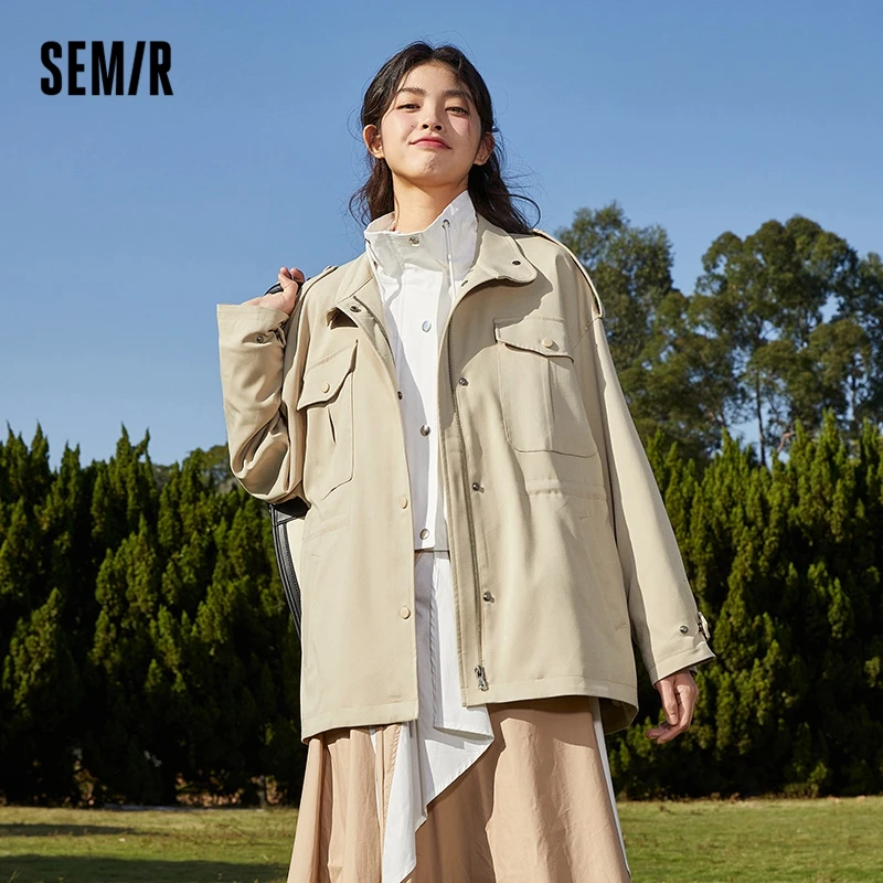 Semir Trench Coat Women Mid-Length Solid Tooling Style 2022 Spring New Oversize Stand Collar Waist Trench Coats Fashion