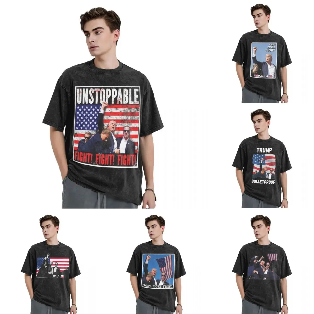 Donald Trump Shooting Unstoppable Fight Washed T Shirt Male Vintage Cotton T Shirts Summer O Neck Trendy Cool Oversize Tee Shirt