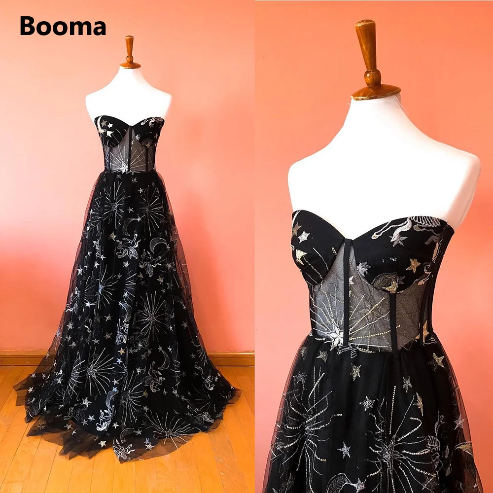 Booma Black Constellation Embroidery Tulle Maxi Prom Dresses Sweetheart Sleeveless Illusion A-Line Long Formal Evening Gowns