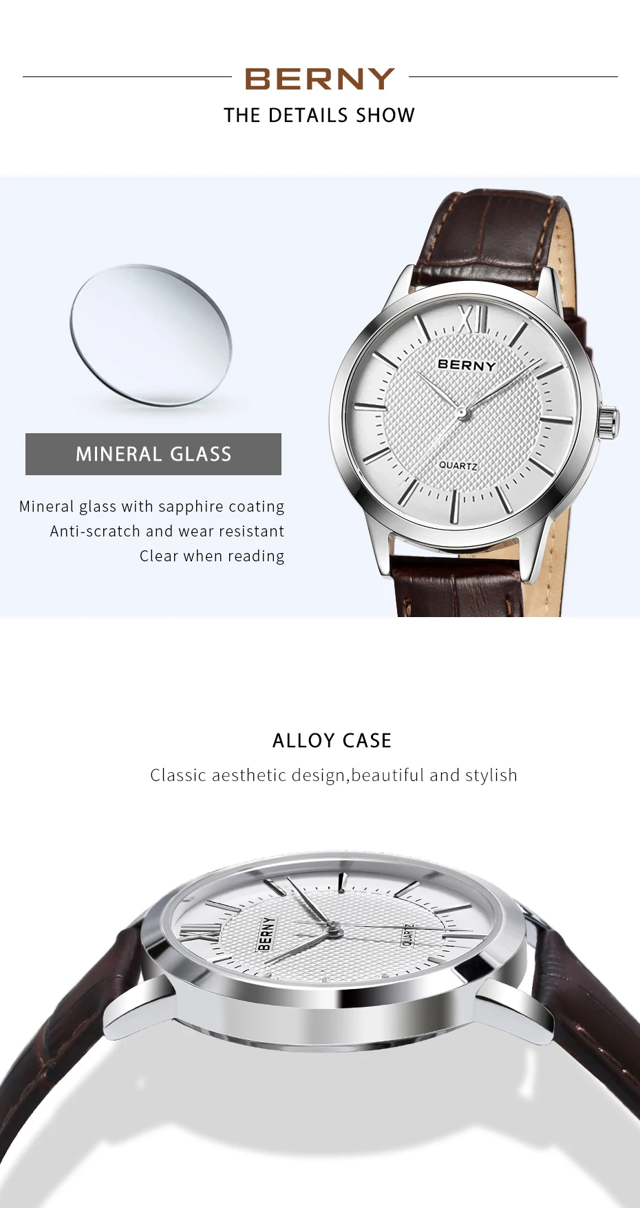BERNY Uhren für Herren, schlanke, lässige, modische Quarz-Armbanduhren, Herrenuhr, klassisch, minimalistisch, wasserdicht – Detail 1