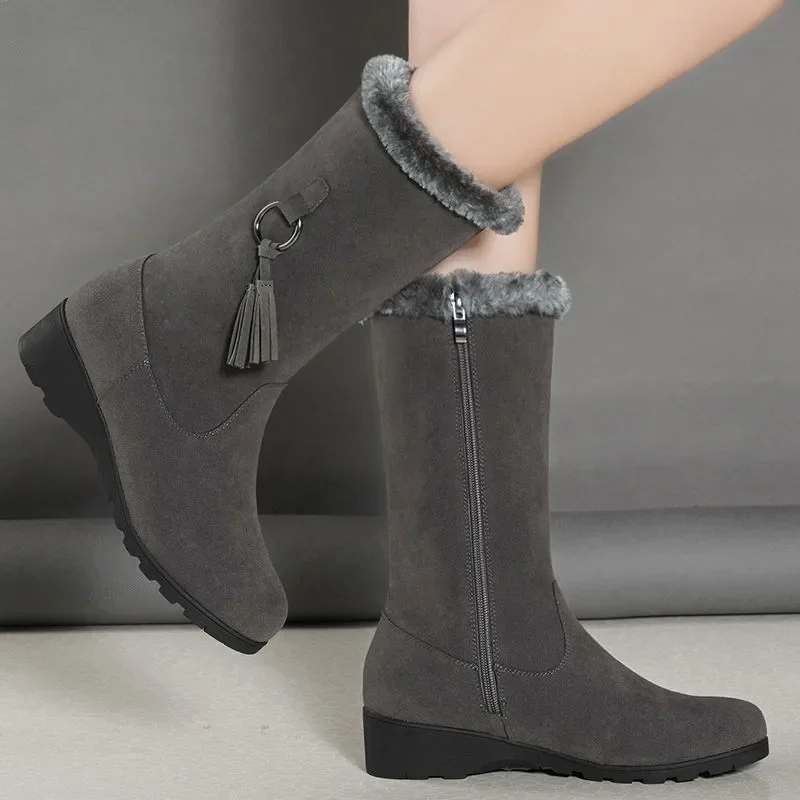 Warm Chelsea High Fur Boots Women Winter Shoes for Women Chunky Mid-calf Plush Snow Flat Boots Fashion Botas De Mujer 2023