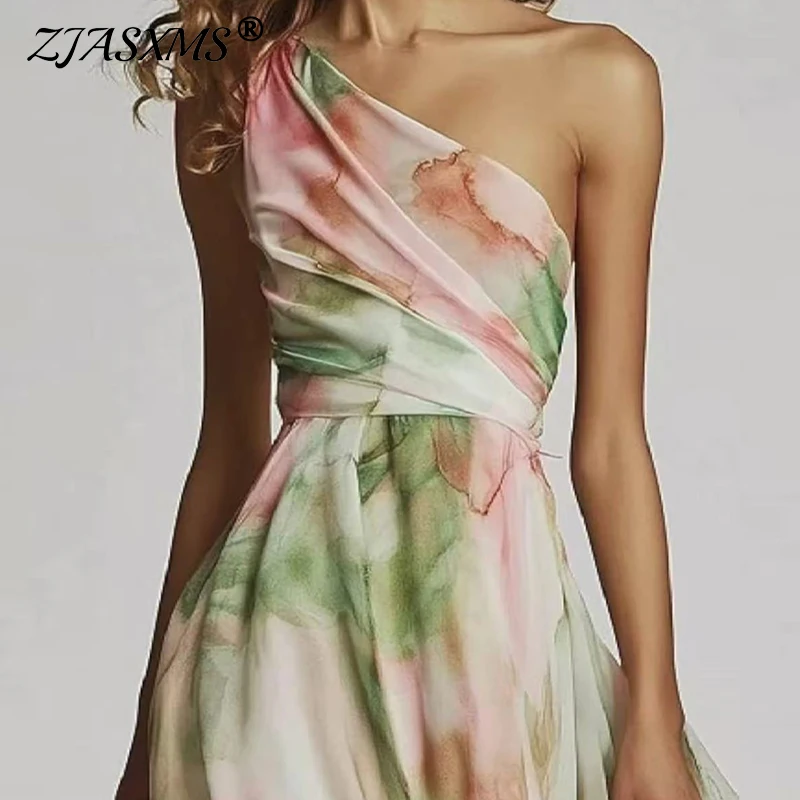 Letnia sukienka maxi w stylu boho, linia A, odkryte plecy, seksowna, z ukośnymi ramionami, ażurowa, asymetryczna, damska sukienka wakacyjna z nadrukiem, z zakładkami, z wysokim stanem.