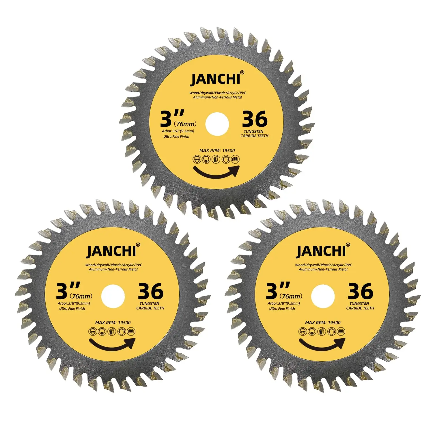 

3-Pack 3-Inch 36T TCT Circular Saw Blades for Wood, Plastic, and Soft Materials with 9.5mm Arbor