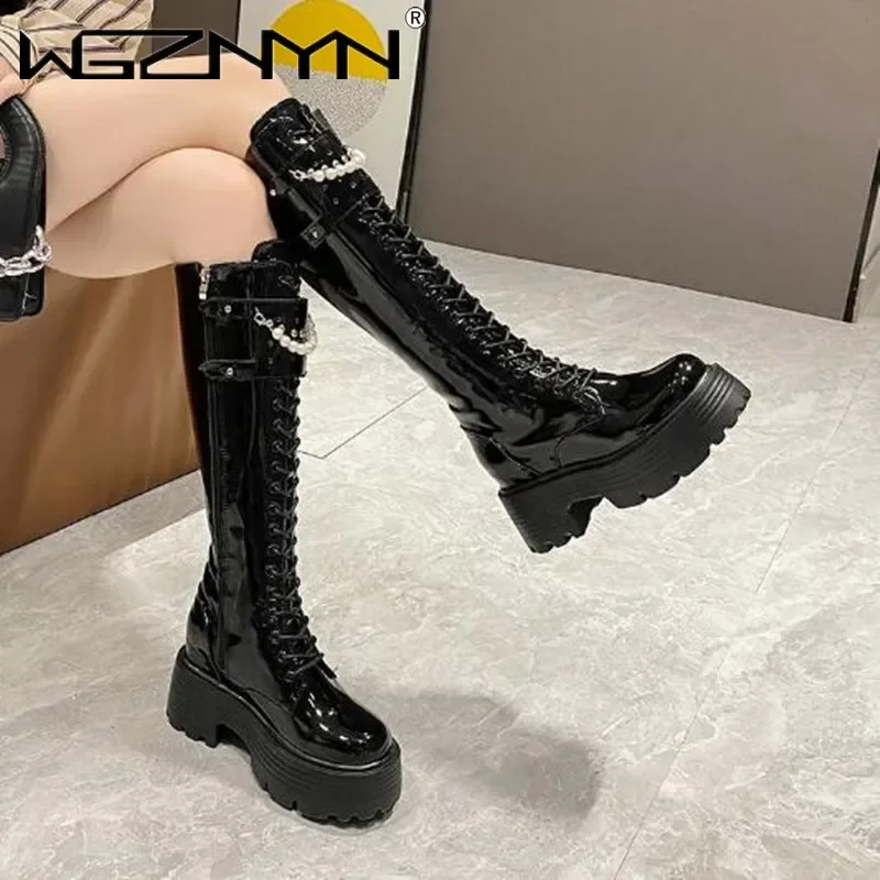 Winter Leather Warm Plush Boots Women Pearl Knee High Boots Casual Chunky Punk Shoes Woman 8.5CM High Heels Platform Long Boots