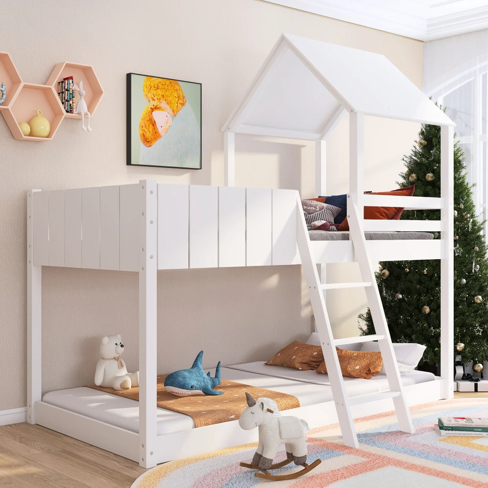 Wooden Bunk Bed Loft Bed 3FT Single 90x190cm with Ladder Guard Rail Tree House Canopy Mid-Sleeper Cabin Bed  for Kids Children
