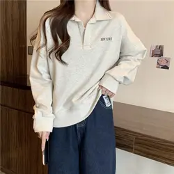 Casual Polo-Neck Loose Sweatshirts Women's Clothing Letter Printed Basic Spring Autumn Streetwear Korean Long Sleeve Pullovers