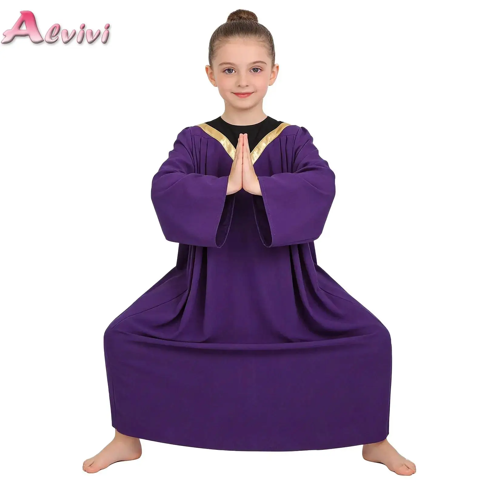 

Kids Boys Girls Choir Robe Dress Contrast Color Long Flared Sleeves Metallic Trim Loose Grown for Church Worship Praise Dancing