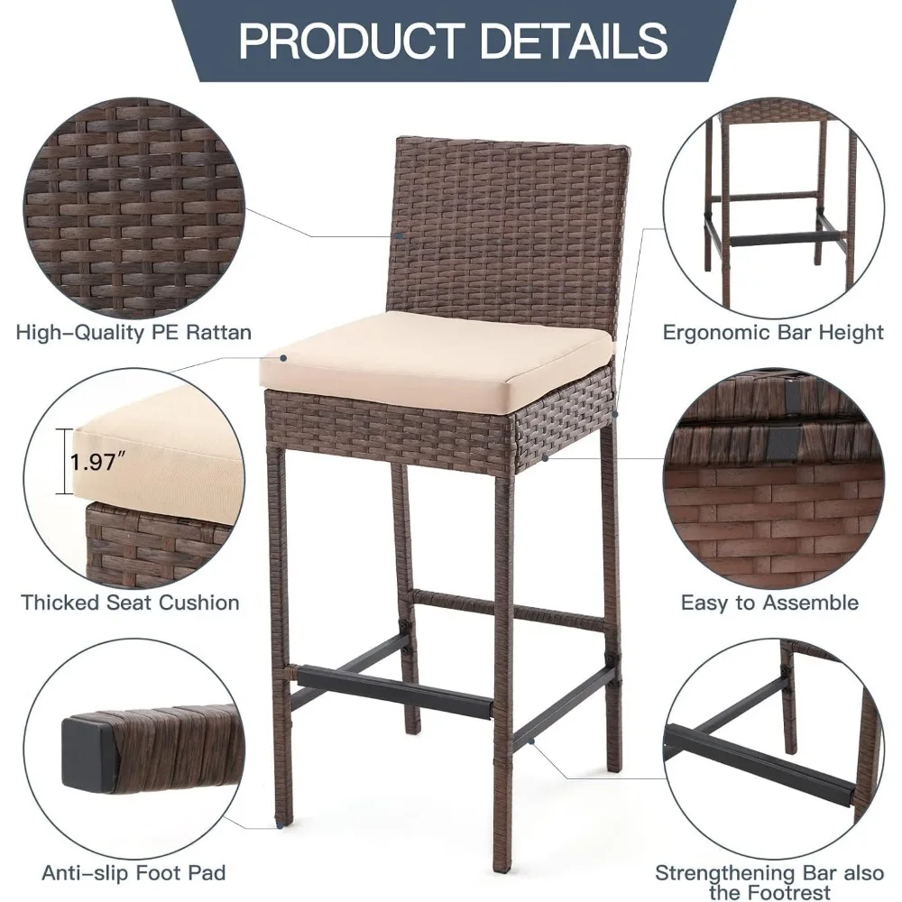 Outdoor Bar Stools, Wicker Woven Patio Stools & Patio Bar Chairs with Seat Cushion and Cozy Footrest, Rattan Furniture Armless