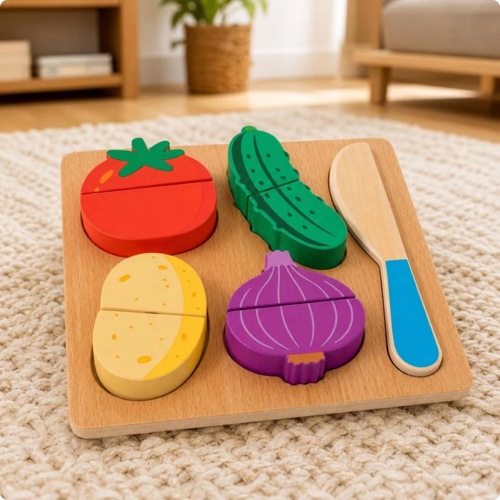 Wooden Cutting Food Set with Cutting Tool Educational Pretend Kitchen Food Set with Cutting Tool Shape Matching Board Colorful