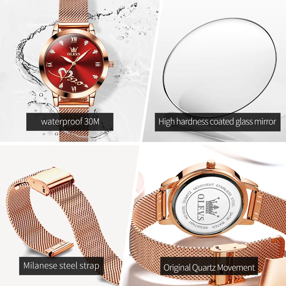 OLEVS 5530 Top Original Women\'s Watches Elegant Rose Gold Mesh Strap Fashion Heart Design Waterproof Quartz WristWatch for Women