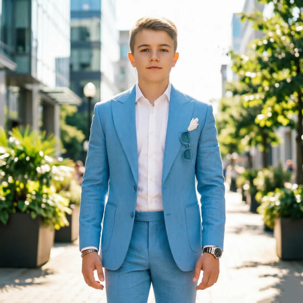 Formal Boy's 2 Piece Linen Suits Casual Lightweight Blazer Jackets Pants Set for Wedding Business Prom Kids Suit