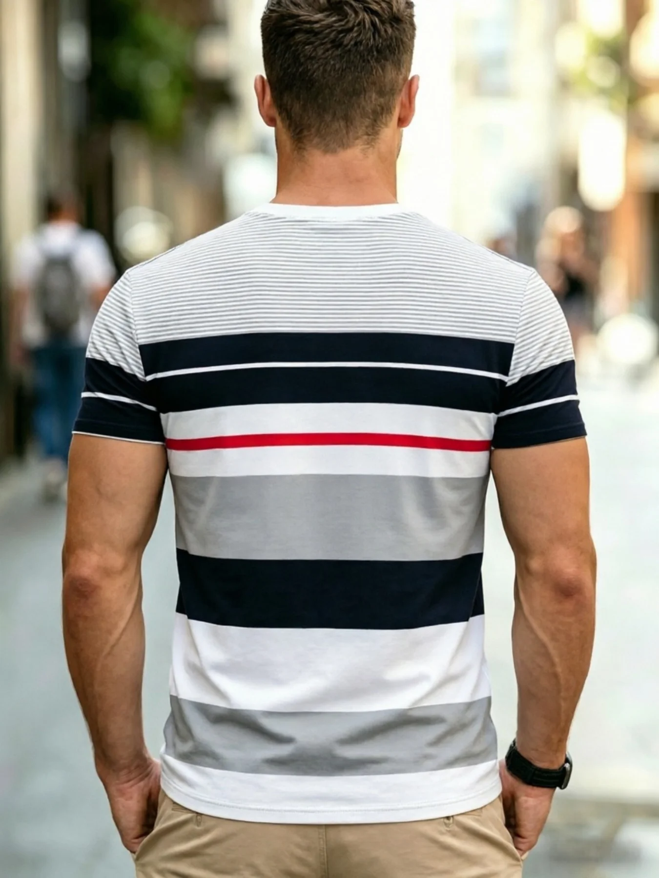 Men Mesh Sports T‑Shirt Multicolor Block Horizontal Stripe O‑Neck Short Sleeve Summer Slim Fit Casual Street Top