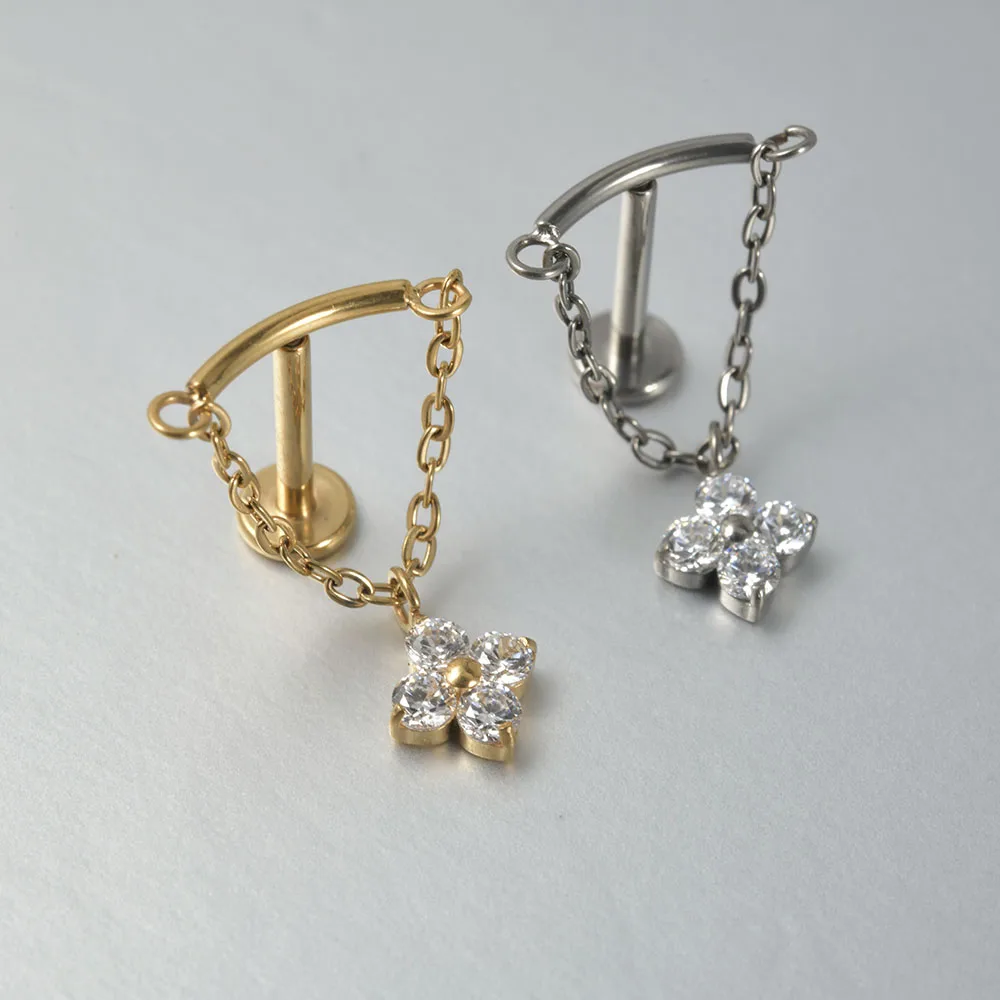 Dreamlee G23 Solid Titanium Chain Dangling Rook Helix Stud Inner Screw Flat Back Tragus Cartilage Earring Lobe Labret Piercing