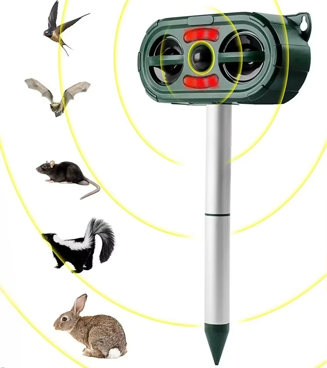 Nuovo repellente per animali a ultrasuoni, con frequenza variabile, impermeabile e adatto all’uso esterno, alimentato a energia solare, dotato di luci