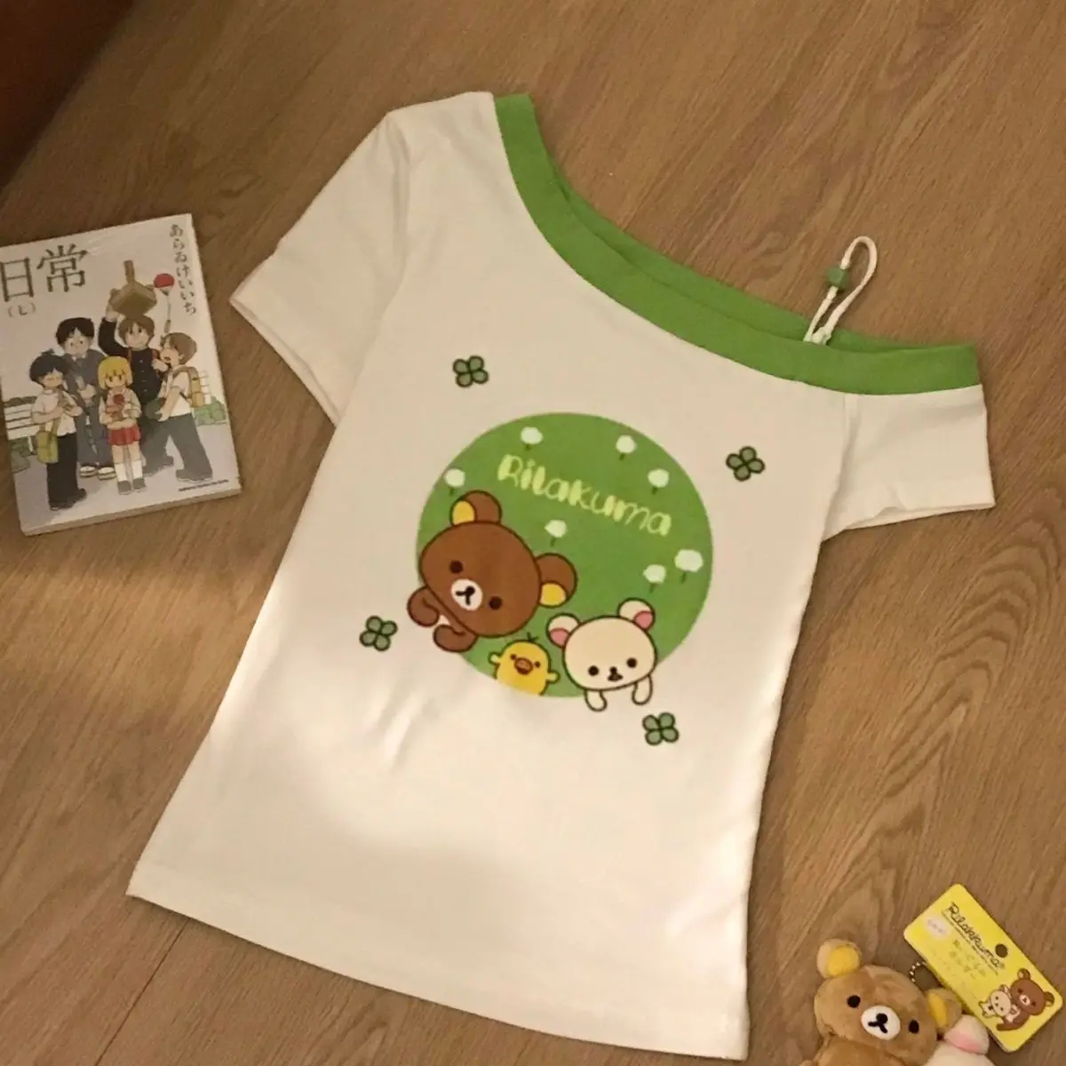 Japanese Sweet Cute Cartoon Bear Printed Short Sleeved Slanted Collar T-shirt for Women Summer Casual Graphic T Shirts Y2k Top