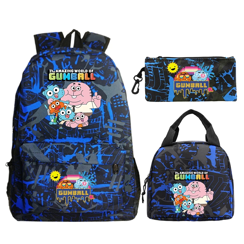 3pcs The Amazing World of Gumball Backpack With Pen Bag Lunch Bag Set Students School Bag Travel Rucksack Boys Girl Bookbag Gift